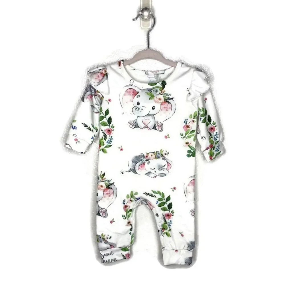 SHEIN Adorable Elephant Sweet Dreams Print Ruffle Onesie 3-6M